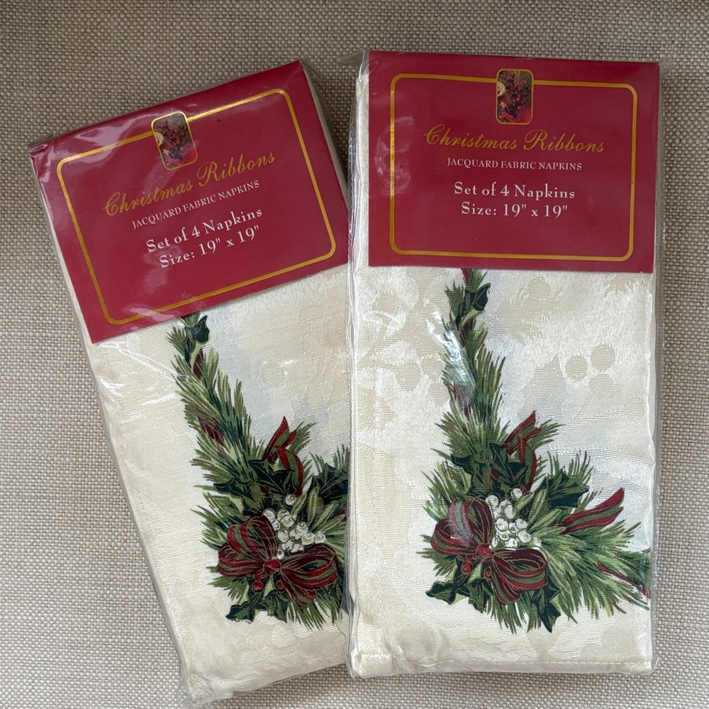Christmas Ribbons Jacquard Napkins - Cream and Green set of 8